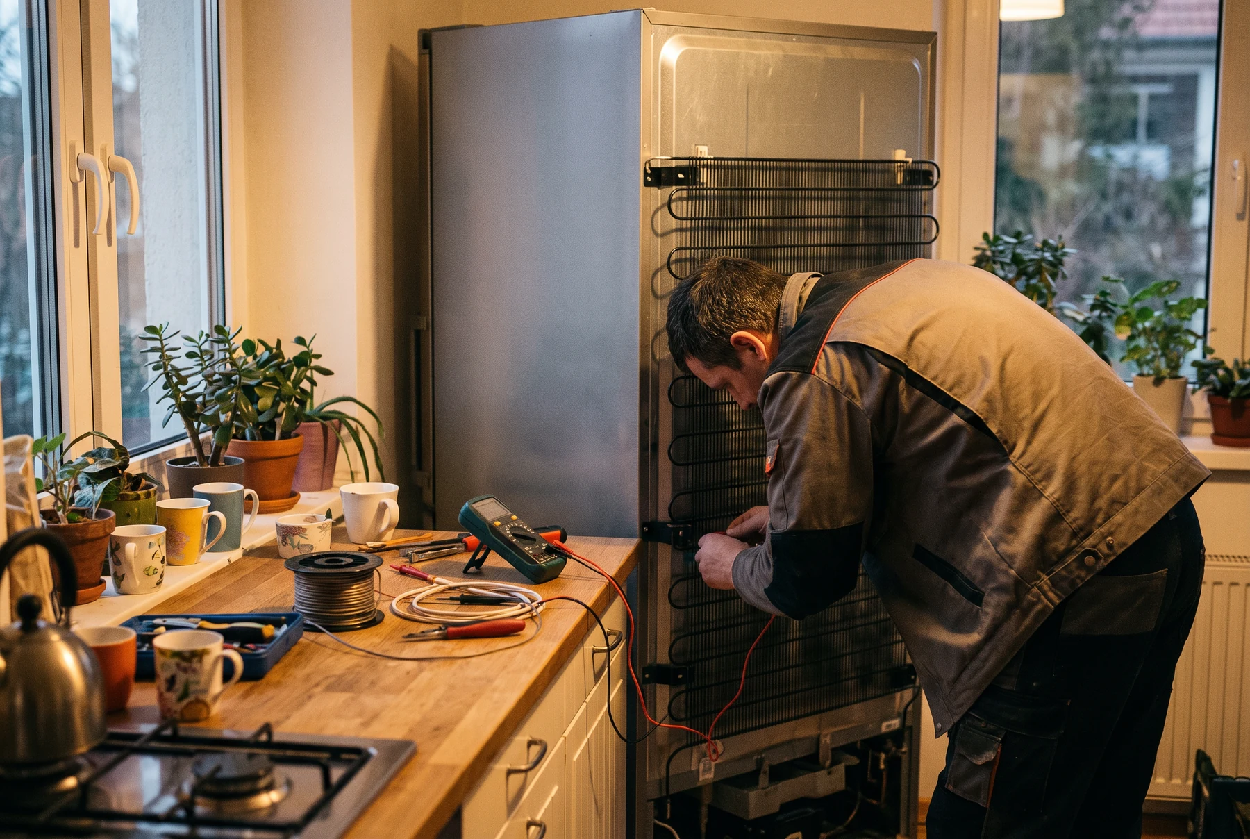 Technician reviewing a refrigerator in a kitchen