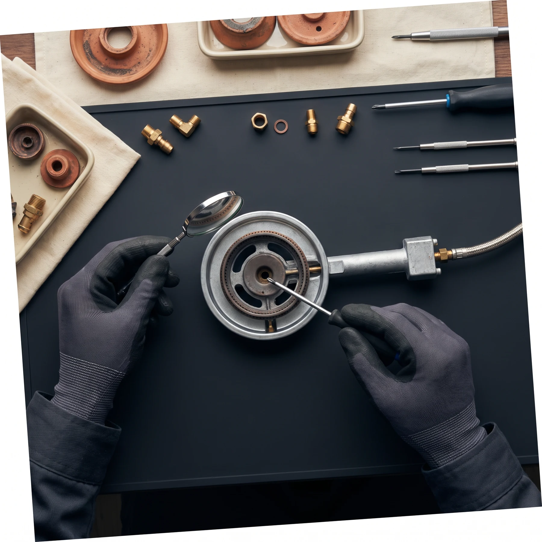 Hands examining a stove burner part on a work surface