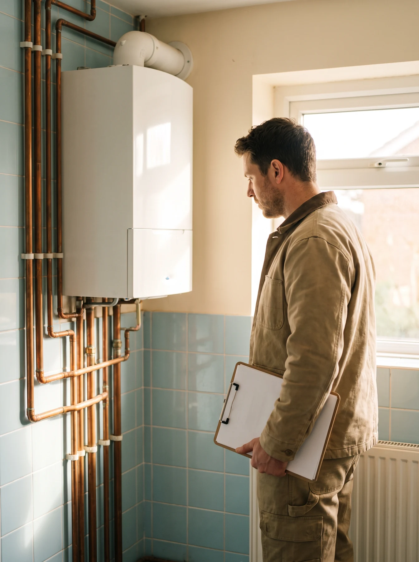 Technician standing near a boiler in a utility room